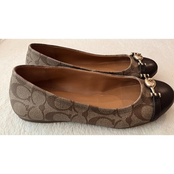 Coach Size 8.5 Women’s Ballet Leila Flats Khaki Chestnut Shoes Q9090 Logo w/ Box - Picture 6 of 15